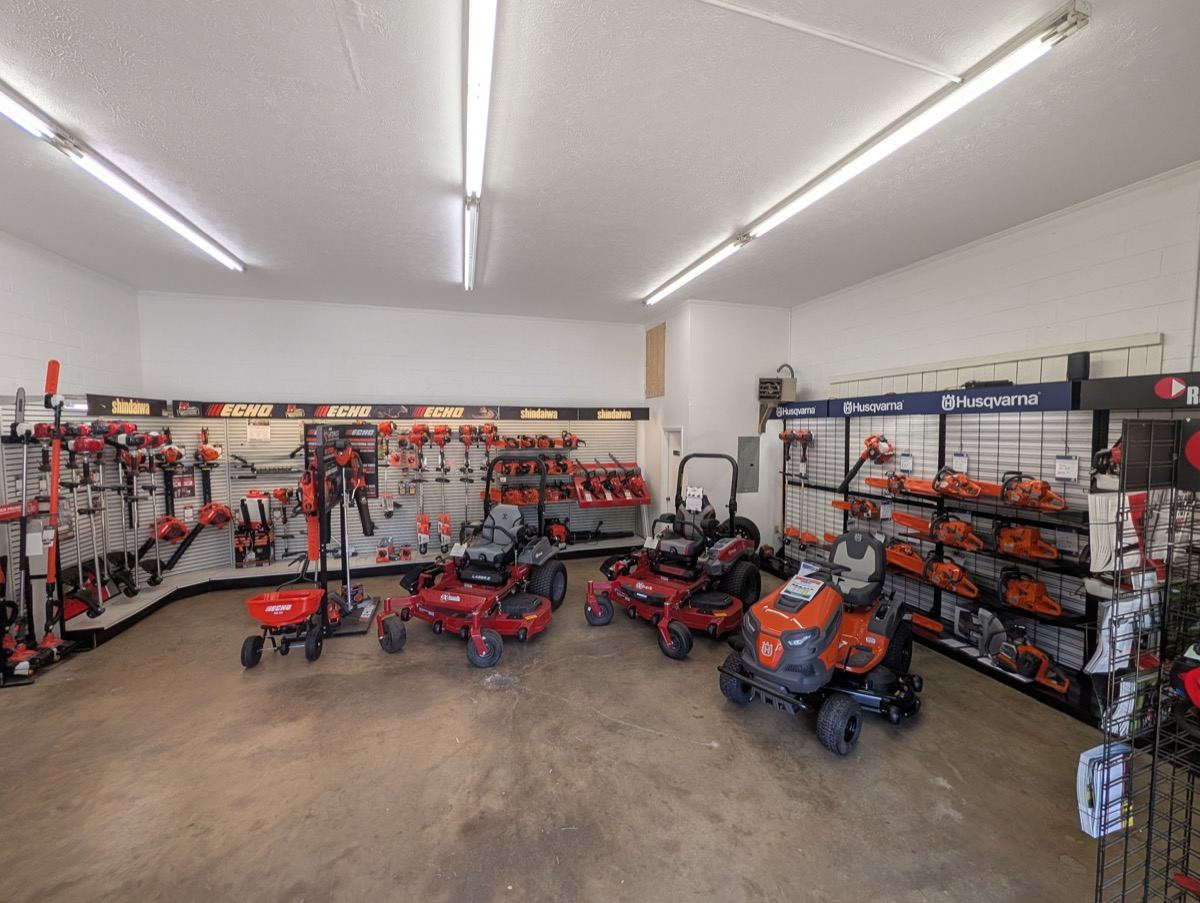 Echo and Husqvarna wall displays in the showroom
